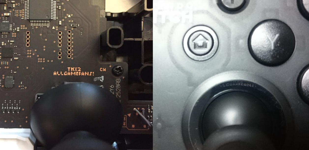 A picture of a motherboard with the words thx2allgamefans! on the left and a picture of the controller with the words written on it above the controller stick